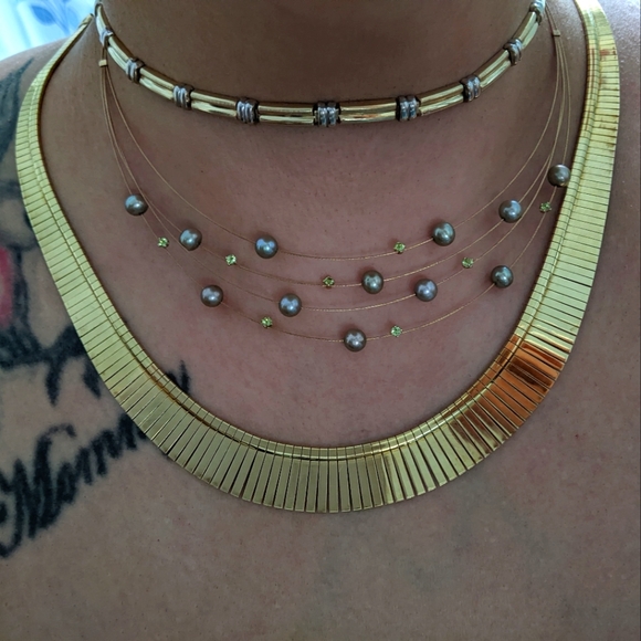 14k Yellow Gold Peridot Gemstone and Pearl Omega Necklace Adi Paz - Picture 15 of 15